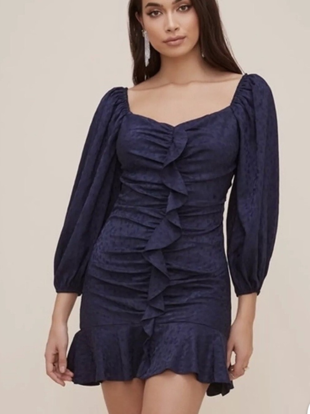 ASTR Navy Blue Sweetheart Ruffle Ruched Front Flattering Mini Dress